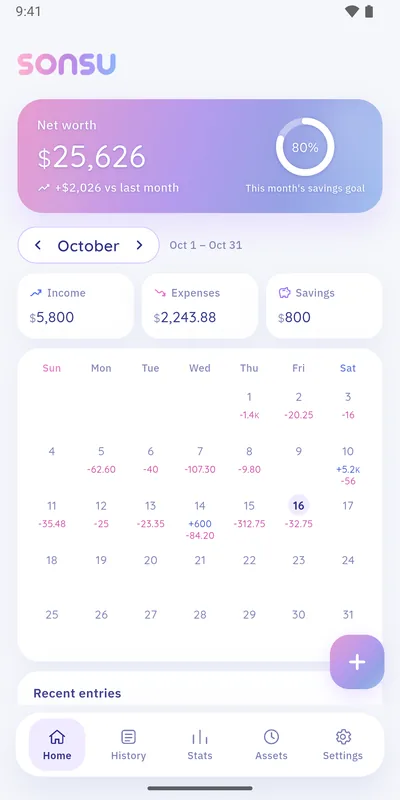 Sonsu home screen showing net worth, this month's savings goal, income, expenses and savings, and a calendar with daily spending.